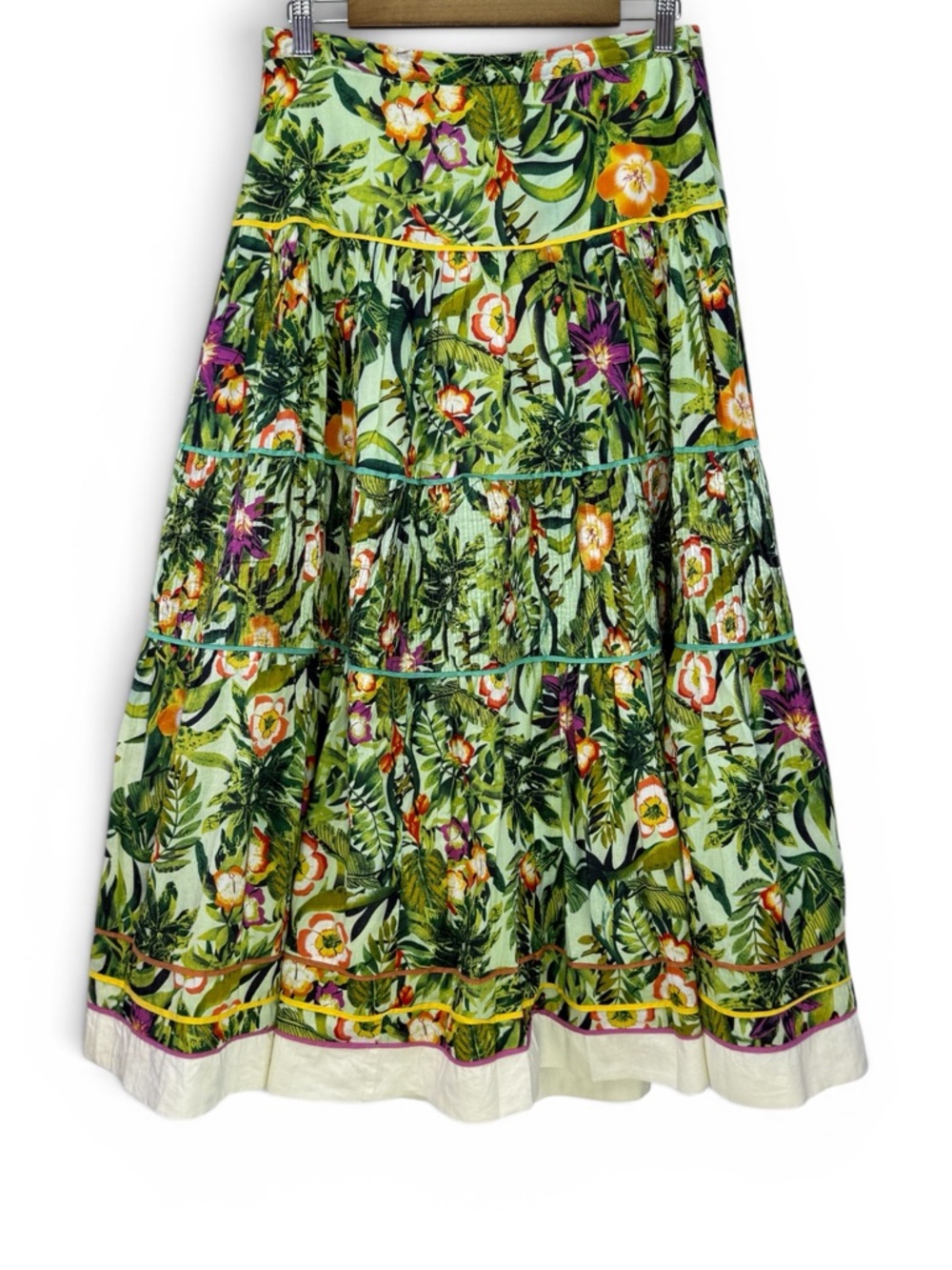 Coldwater Creek Women Tropical Floral Boho Tiered Cotton Maxi Skirt Green Size S
